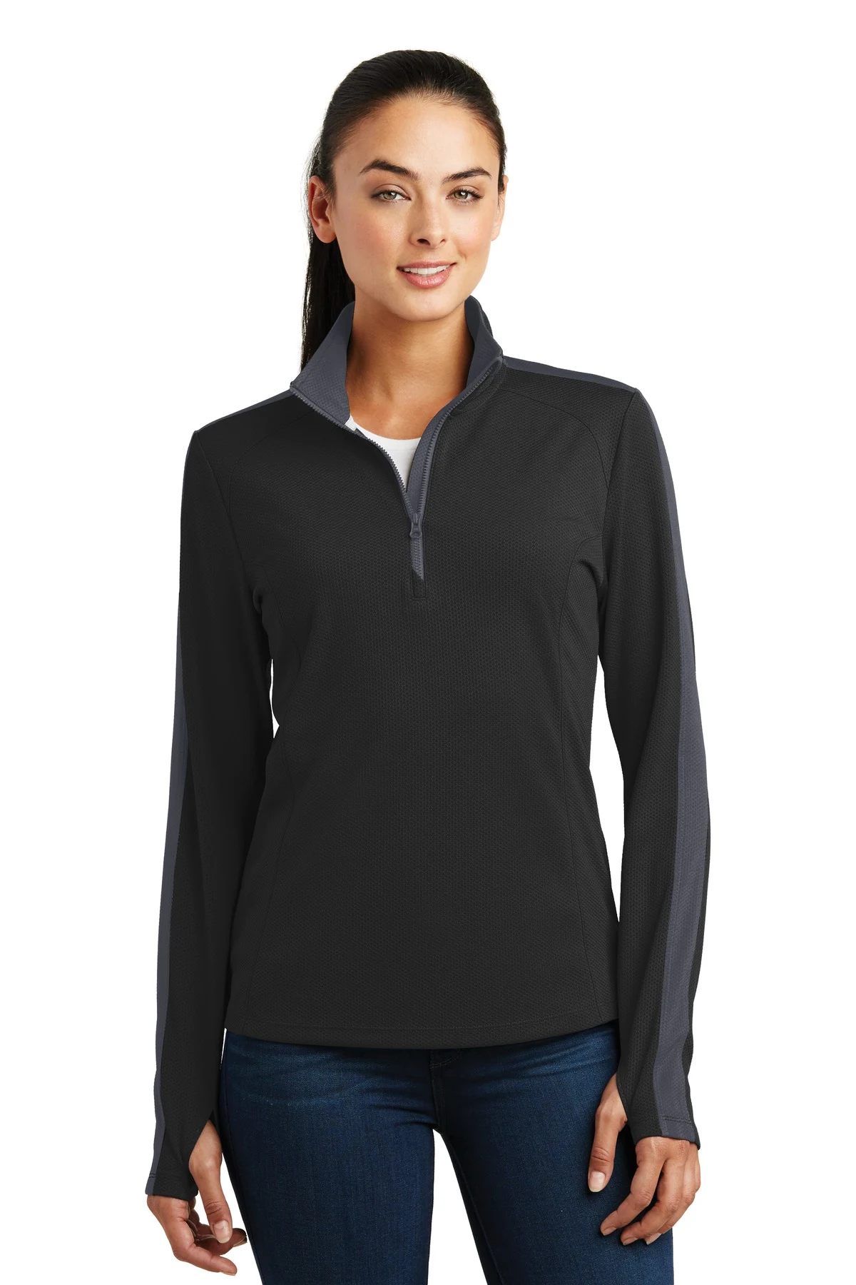 Sport-Tek Ladies Sport-Wick Textured Colorblock 1/4-Zip Pullover